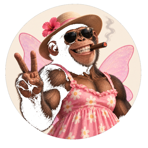 The nix mascot: a chimpanzee in a straw hat and sunglasses, wearing a pink floral dress and fairy wings, smoking a cigar and making a peace sign.
